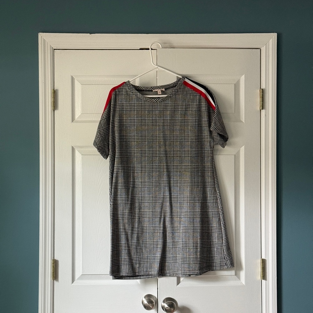 Como Vintage Gray Plaid Shift Dress with Red & White Shoulder Stripes